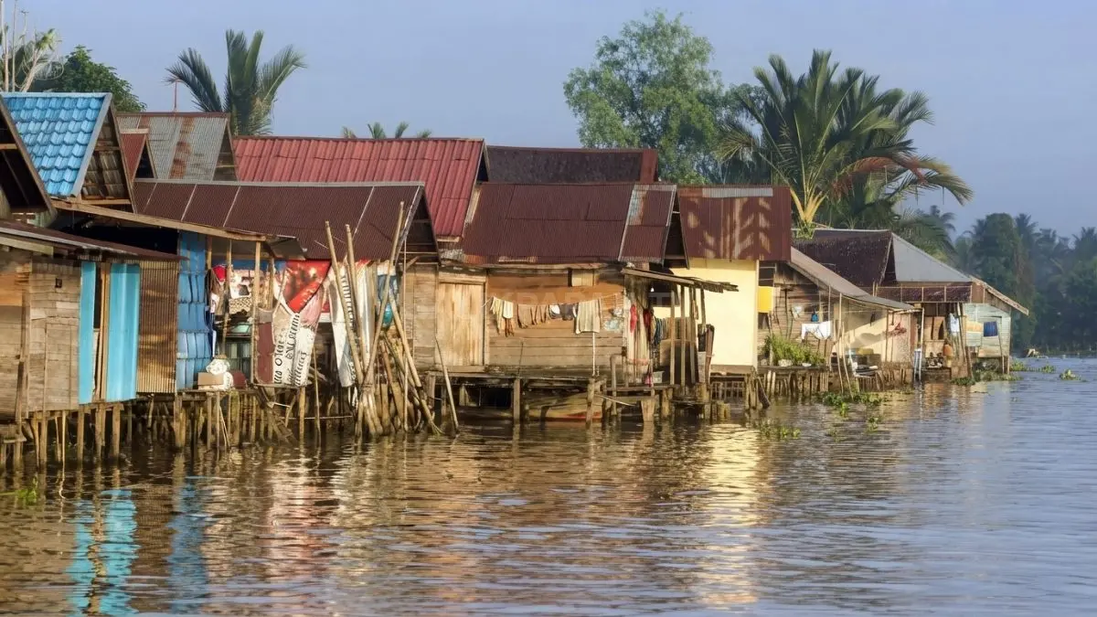 Rumah panggung Kalimantan menyesuaikan kehidupan sungai dengan kondisi tanah, udara, air, dan lingkungan setempat beragam. (BTV/AI)