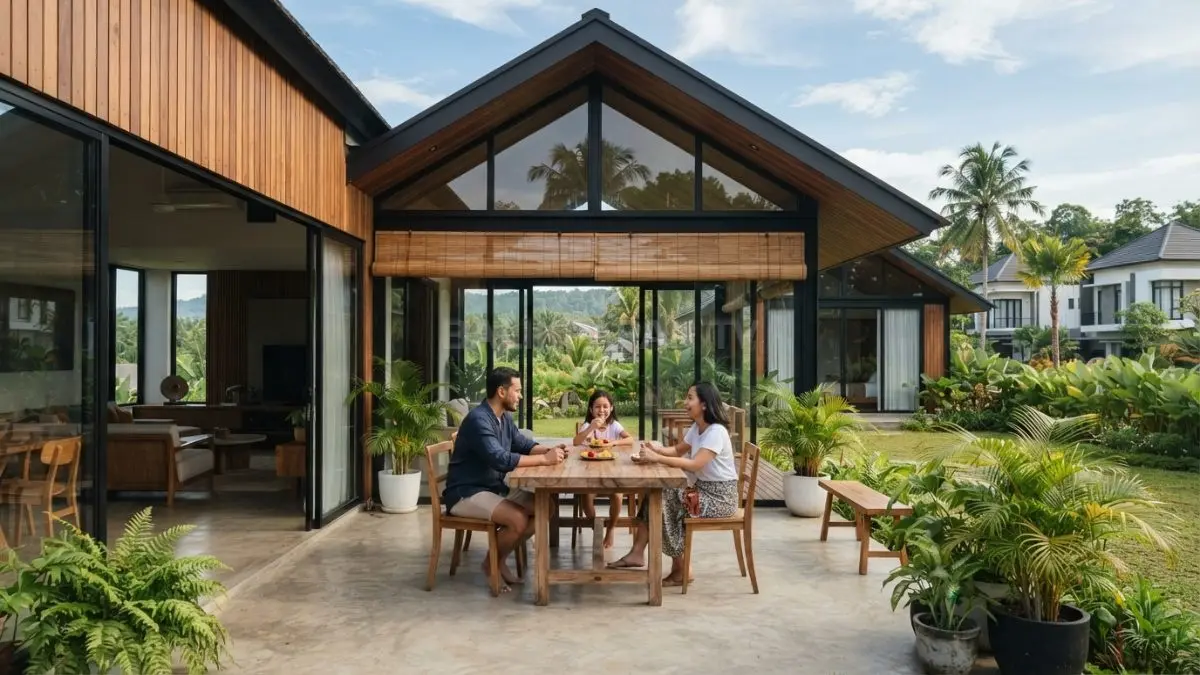 Rumah pavilion bergaya New Zealand menyatukan ruang keluarga, teras, dan halaman melalui desain kayu tropis yang lapang (BTV/AI)