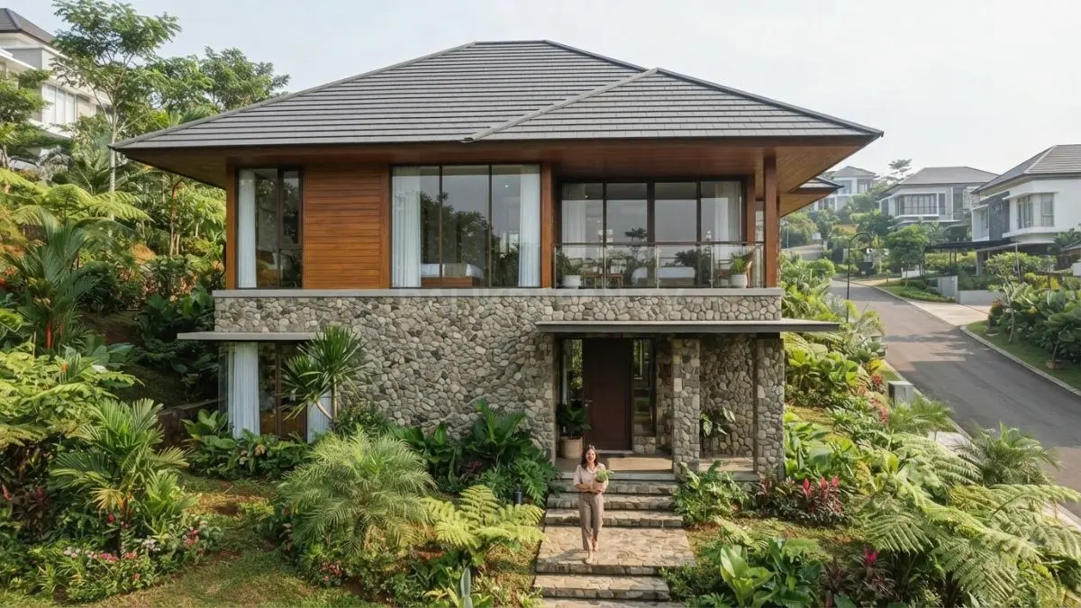 Rumah Swiss modern memadukan batu alam dan kayu pada fasad, menciptakan kesan kokoh, hangat, serta elegan (BTV/AI)