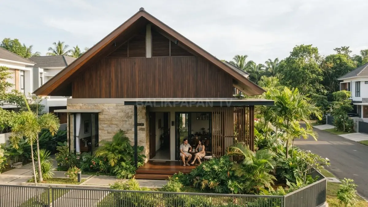 Rumah Swiss tropis memadukan atap lebar, kayu, batu alam, teras, dan tanaman peneduh untuk Balikpapan (BTV/AI)