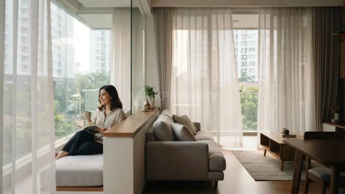 Sekat rendah dan tirai tipis membagi ruang fleksibel, menjaga cahaya alami, sekaligus menghadirkan privasi sesuai kebutuhan penghuni. (BTV/AI)