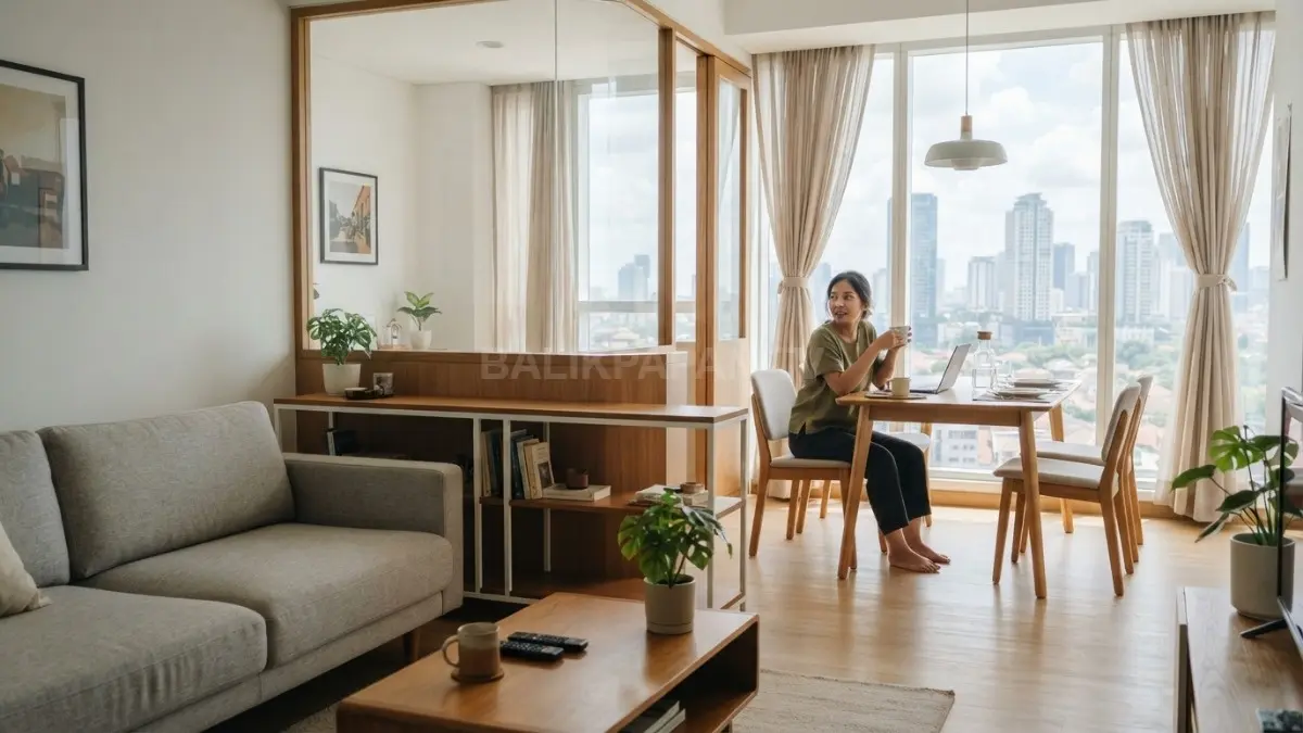Sekat rendah membagi ruang secara fleksibel, menjaga cahaya alami, dan membuat hunian tetap terasa luas serta terhubung. (BTV/AI)