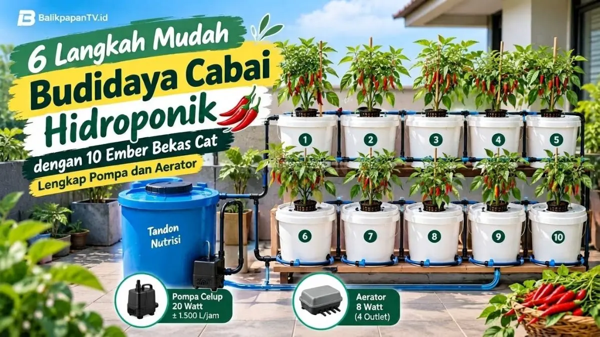 Sepuluh ember plastik bekas cat disusun sebagai instalasi hidroponik cabai dengan pompa air dan aerator.