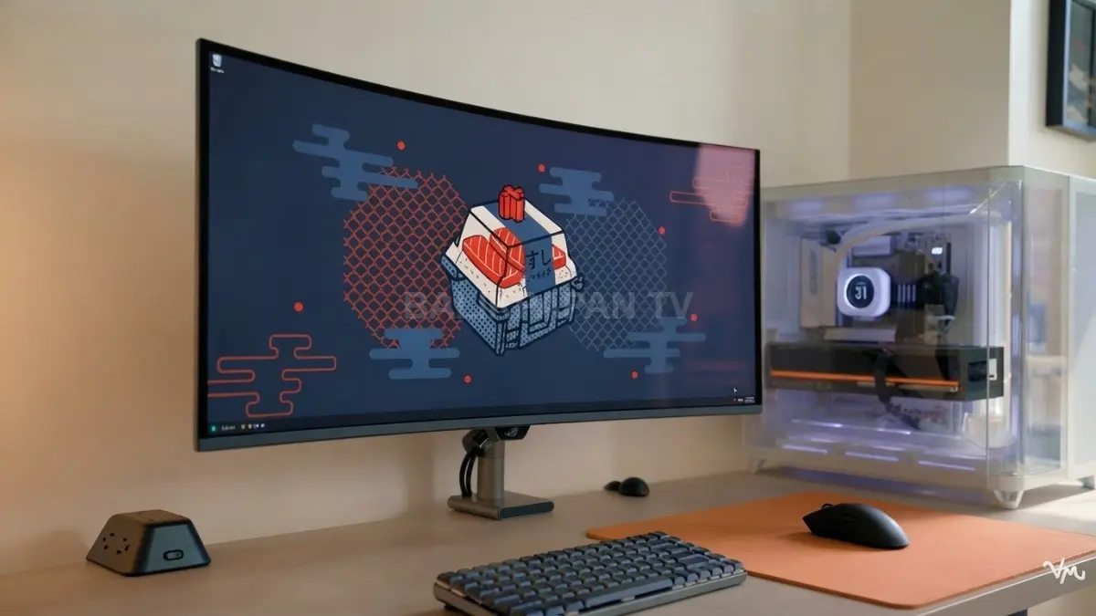 Set PC gaming modern dan minimalis dengan monitor lengkung serta casing transparan. (BTV/Ai)
