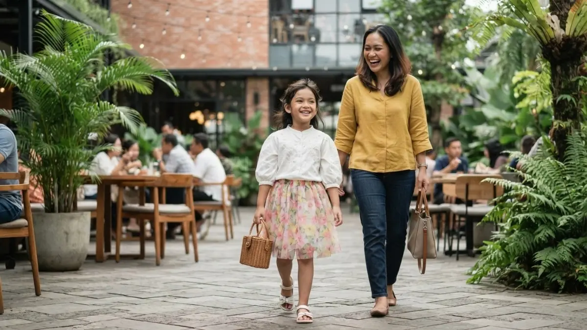 Setelan blouse dan rok menghadirkan tampilan rapi, nyaman, serta fleksibel untuk pesta anak dan keluarga. (BTV/AI)