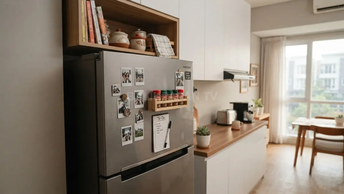 Sisi dan area atas kulkas bisa dimanfaatkan menjadi galeri mini atau penyimpanan ringan tanpa membuat dapur terasa penuh. (BTV/AI)