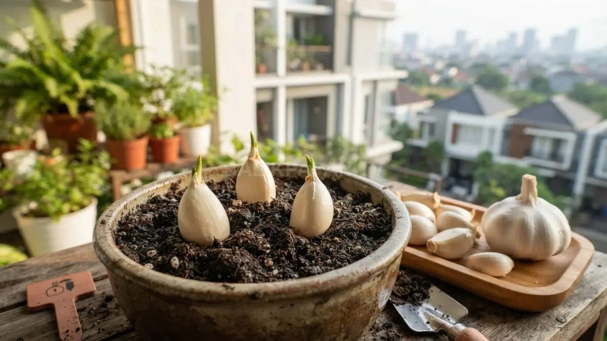 Siung bawang putih yang masih utuh dan sehat dapat ditanam kembali hingga tumbuh menjadi tanaman baru di rumah.(BTV/AI)