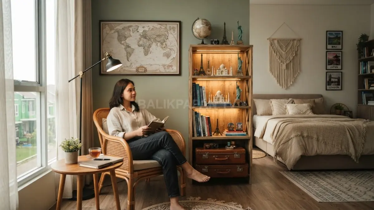 Sudut kamar bergaya world menghadirkan globe, koper vintage, tanaman, rak buku, dan dekorasi perjalanan nyaman (BTV/AI)