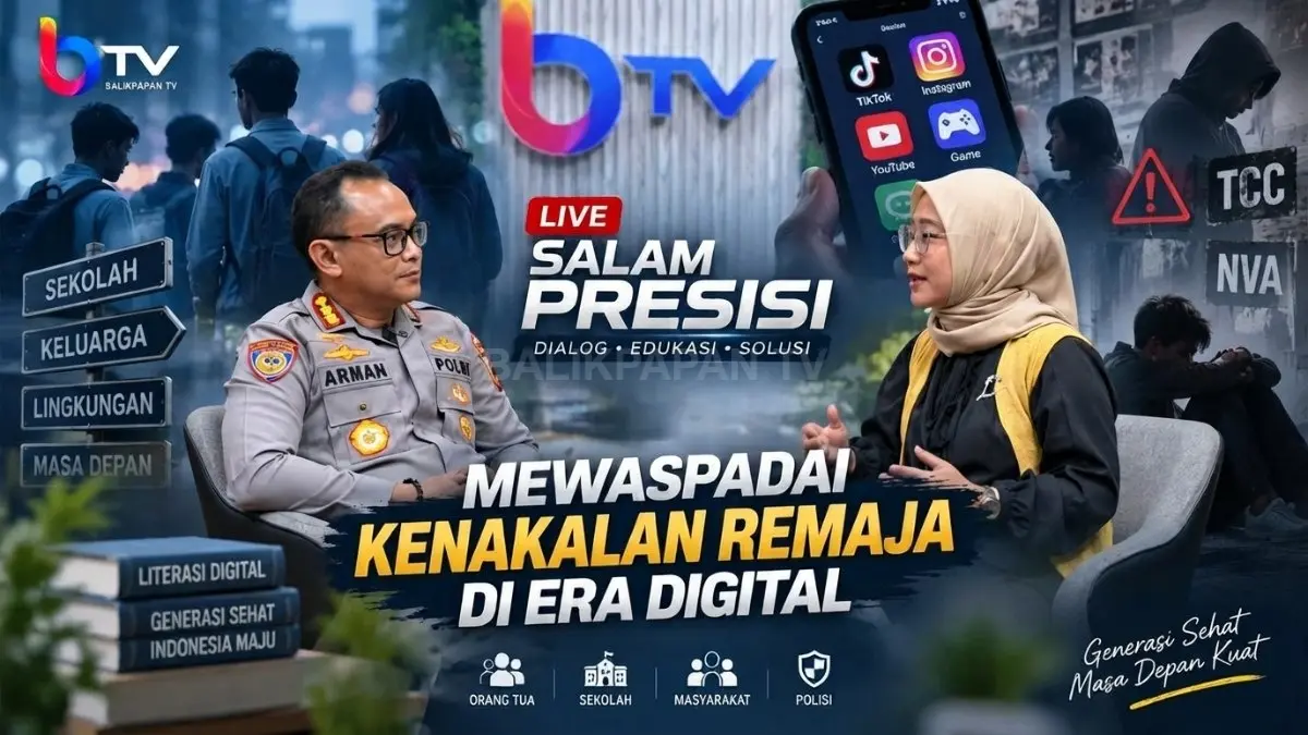 Talk show Salam Presisi Balikpapan TV membahas kenakalan remaja dan tantangan ruang digital bersama Dirbinmas Polda Kaltim. (BTV/AI)
