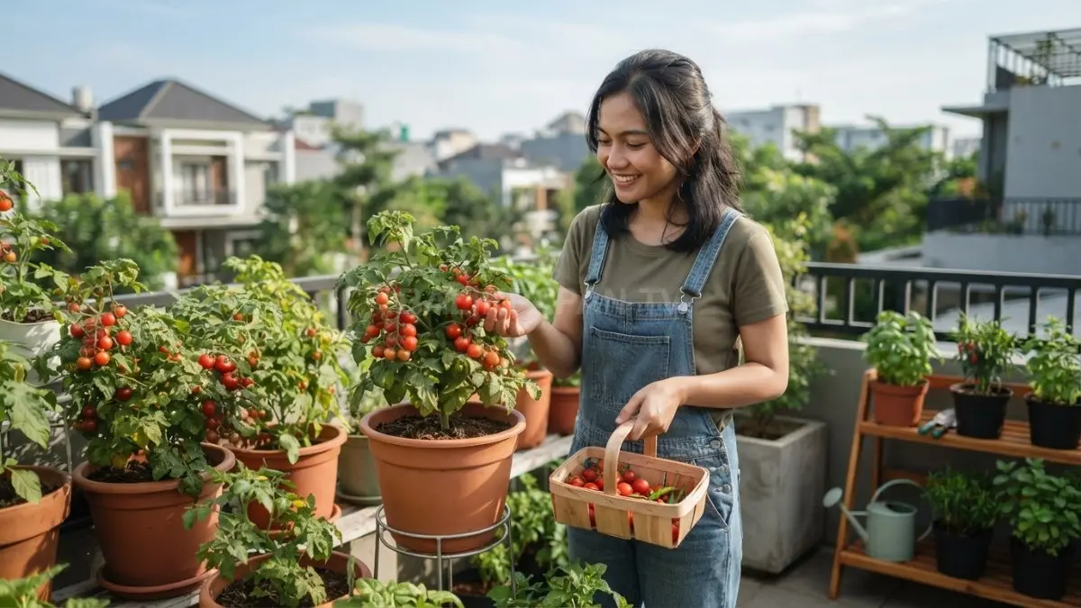 Tomat dapat ditanam dalam pot untuk melengkapi kebun sambal rumahan, dengan cahaya cukup dan kelembapan media yang terjaga. (BTV/AI)