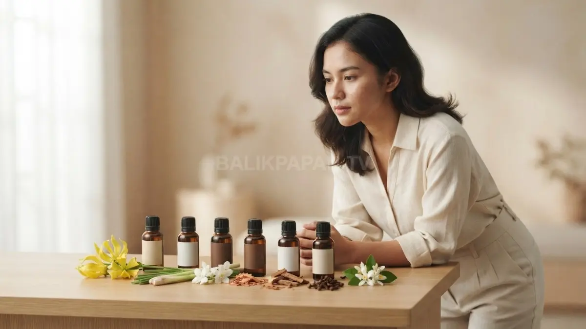 Visual edukasi keanekaragaman minyak esensial dengan profil risiko berbeda dalam estetika studio elegan. (BTV/Ai)