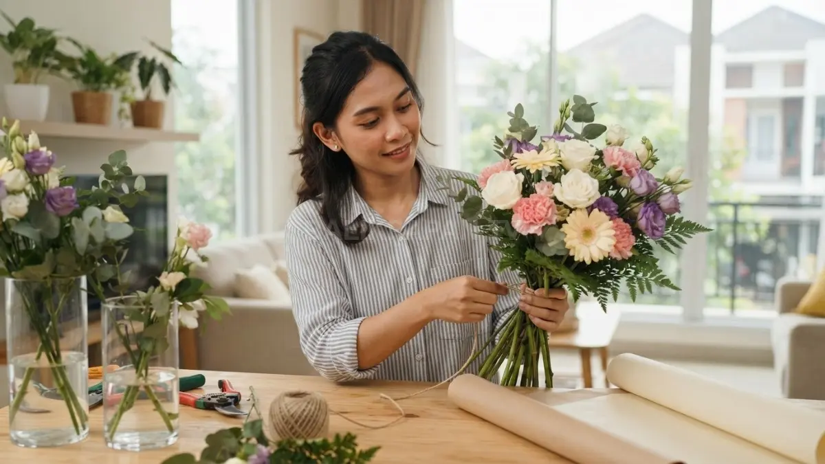 Buket bunga dengan kombinasi putih, merah muda, dan dedaunan hijau menciptakan tampilan harmonis, segar, serta elegan. (BTV/AI)