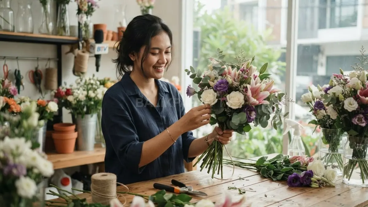 Buket bunga disusun berlapis dengan bunga fokus, dedaunan, dan bunga pengisi untuk menciptakan komposisi natural seimbang (BTV/AI)
