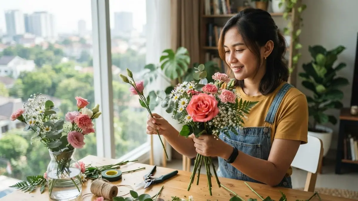Buket bunga segar tersusun rapi dengan perpaduan warna, batang kokoh, dan daun hijau sebagai dekorasi (BTV/AI)