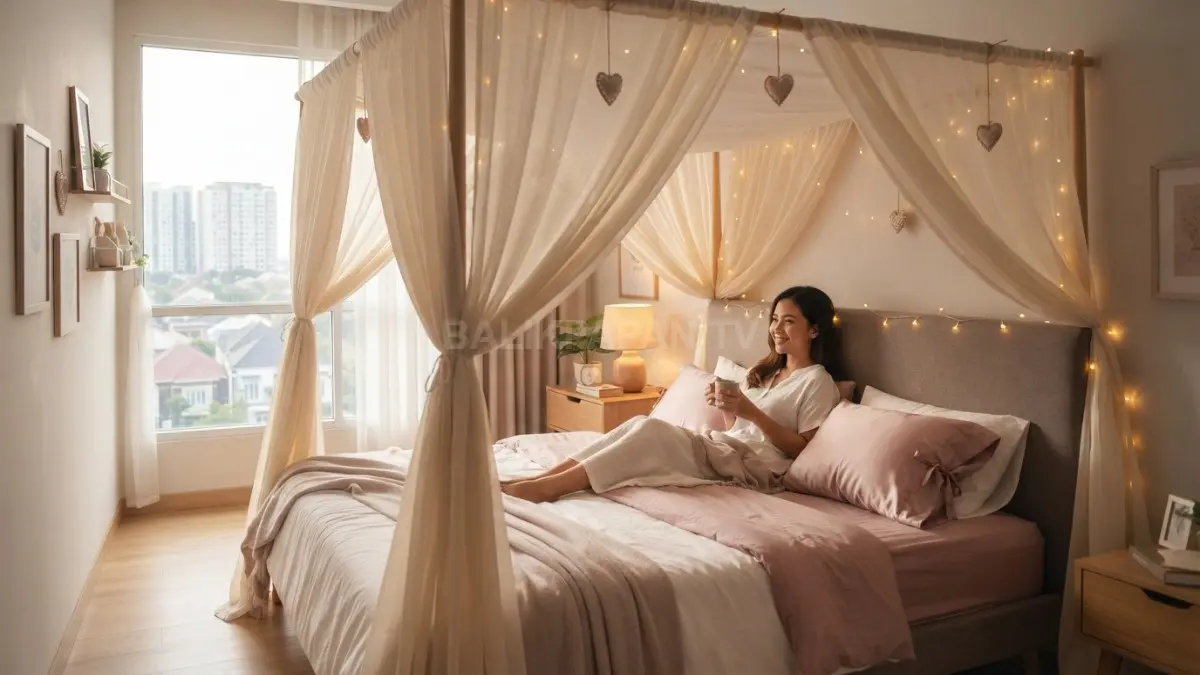 Canopy putih dengan ornamen hati kecil menciptakan suasana romantis, lembut, dan nyaman pada kamar tidur. (BTV/AI)
