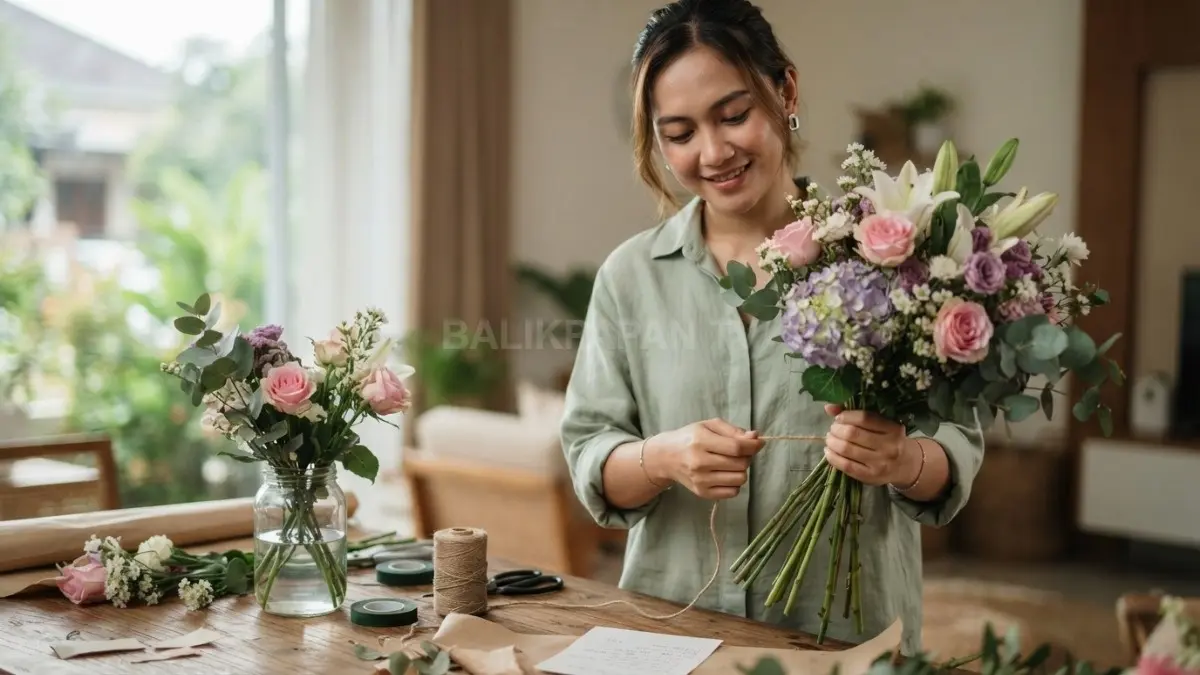 Cara mengikat batang buket dengan pita agar susunan bunga tetap rapi, seimbang, dan natural (BTV/AI)