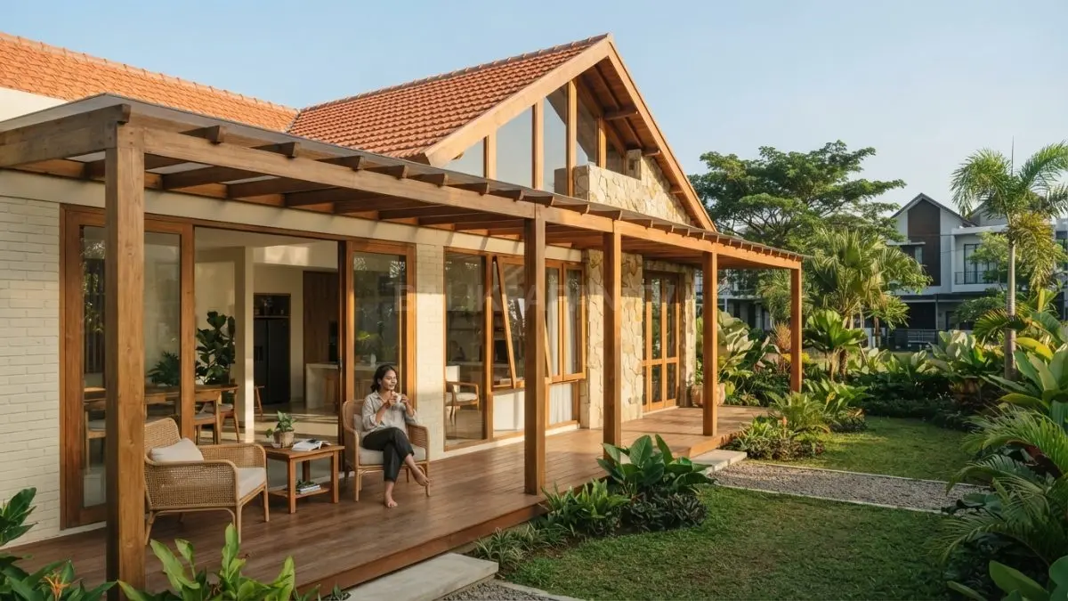 Desain farmhouse Australia menampilkan teras luas, material natural, dan bukaan besar yang menyatu dengan lanskap (BTV/AI)