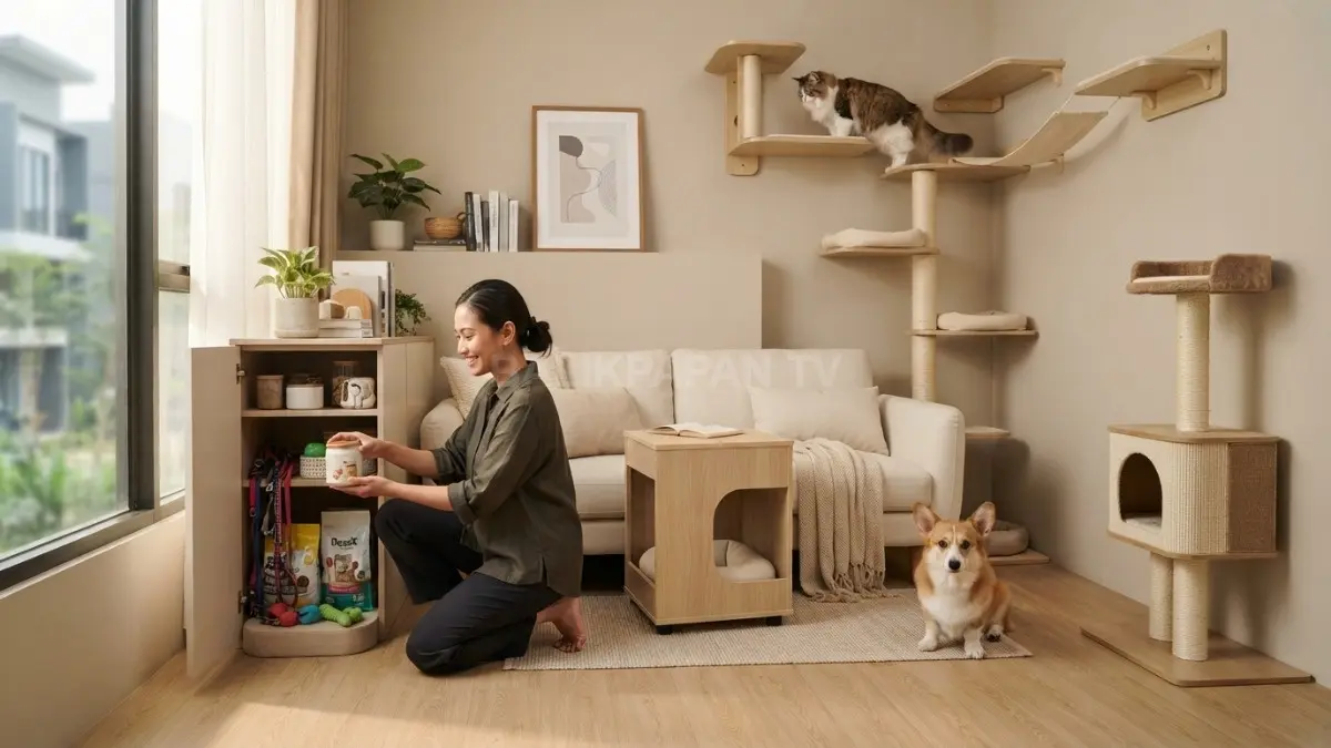 Desain interior rumah ramah peliharaan bernuansa minimalis dengan pemanfaatan ruang vertikal yang efisien. (BTV/Ai)