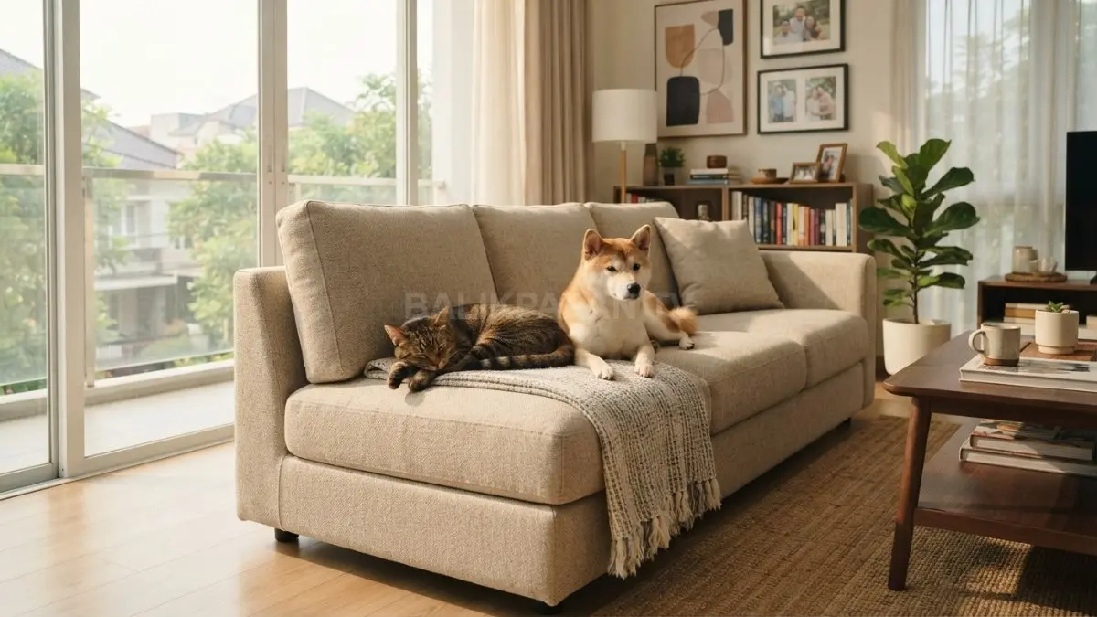 Desain ruang tamu modern ramah hewan peliharaan dengan sofa kain tahan lama yang nyaman. (BTV/Ai)