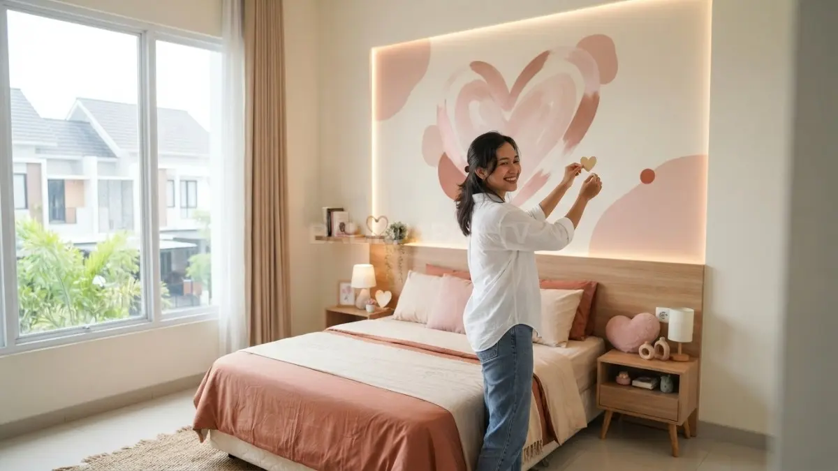 Dinding accent berbentuk hati menjadi titik fokus kamar dengan warna lembut dan dekorasi sederhana (BTV/AI)