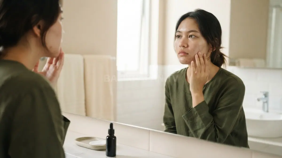 Evaluasi kondisi kulit wajah di cermin saat mengalami reaksi purging akibat pemakaian produk skincare. (BTV/Ai)