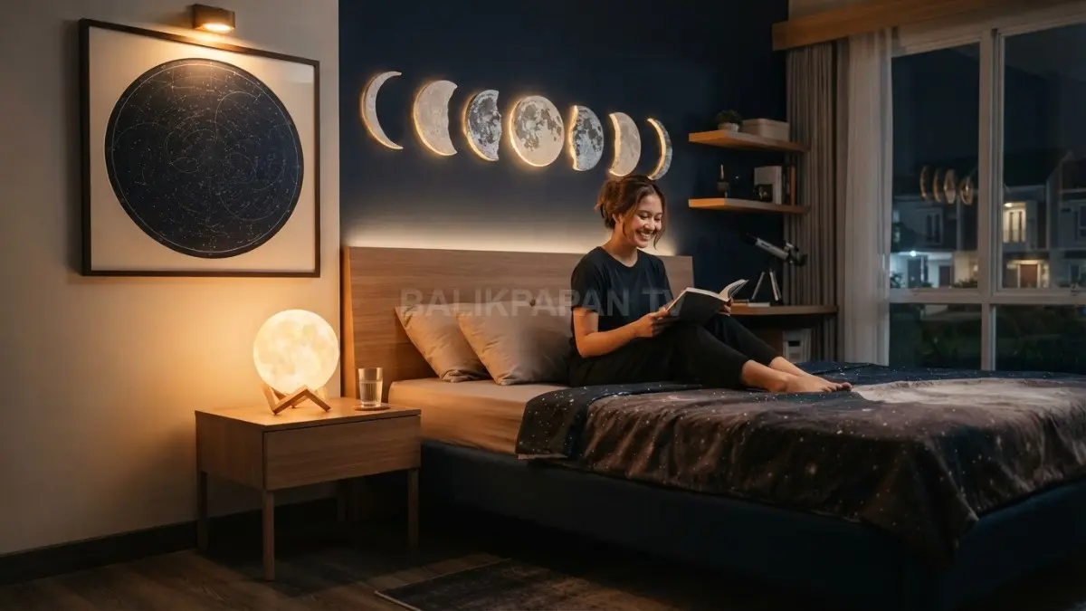 Fase Bulan menghiasi dinding kamar dengan nuansa astronomi minimalis, modern, dan menenangkan untuk beristirahat. (BTV/AI)