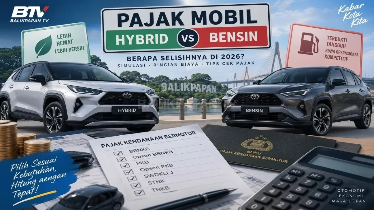 Ilustrasi mobil hybrid dan mobil bensin berdampingan dengan dokumen pajak kendaraan serta angka perhitungan biaya.
