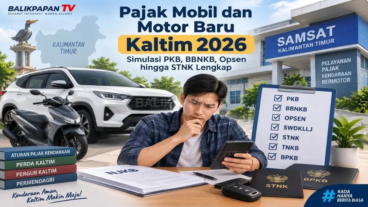Ilustrasi pembeli kendaraan menghitung PKB, BBNKB, opsen, dan biaya administrasi kendaraan baru di Kaltim (BTV/AI)
