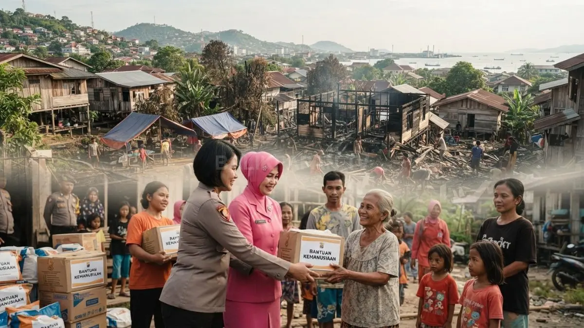 Ilustrasi warga Dahor menerima bantuan Polwan dan Bhayangkari Kaltim untuk mendukung pemulihan pascakebakaran. (BTV/AI)