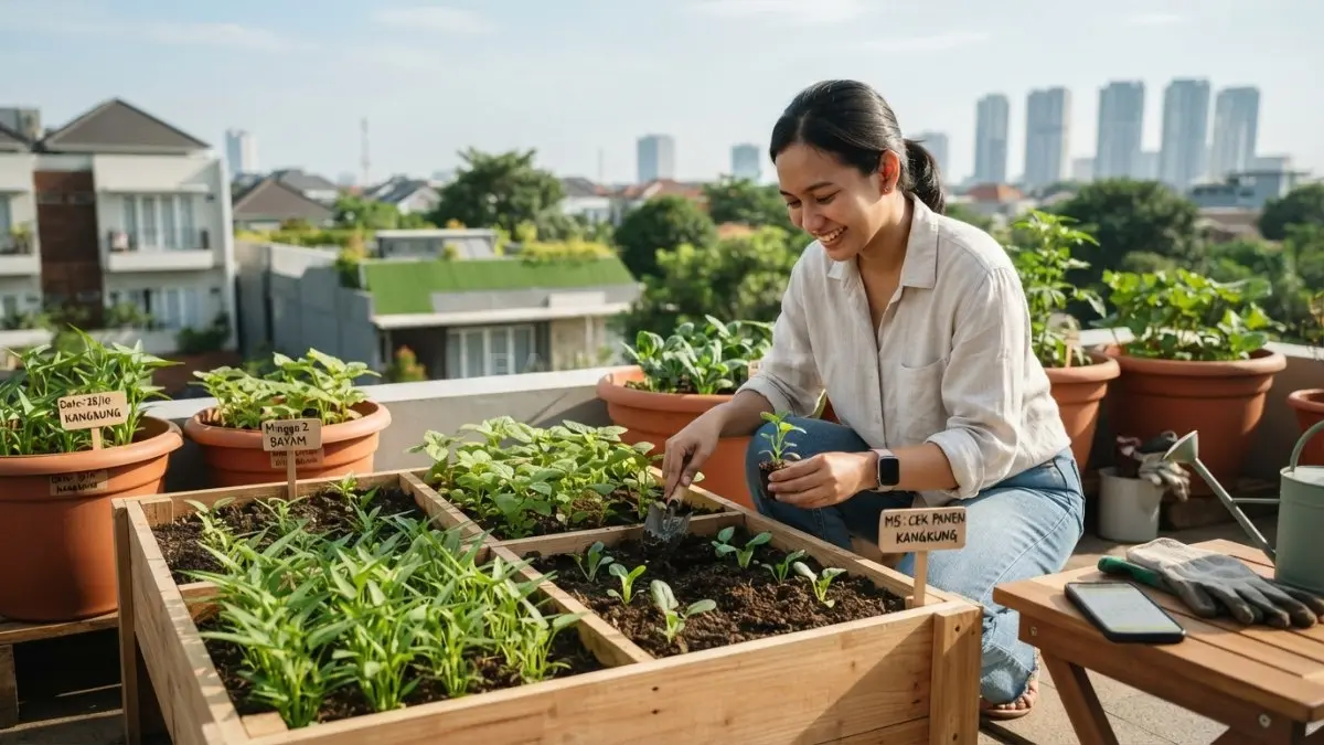 Jadwal tanam bertahap membantu kebun kecil mengatur pergantian kangkung, bayam, dan pakcoy agar panen lebih berurutan. (BTV/AI)