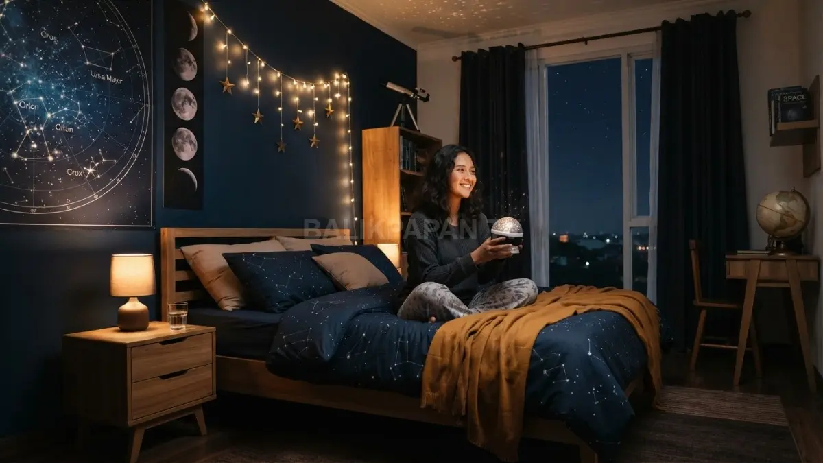 Kamar astronomi bernuansa langit malam menghadirkan dekorasi rasi bintang dan pencahayaan hangat yang menenangkan. (BTV/AI)