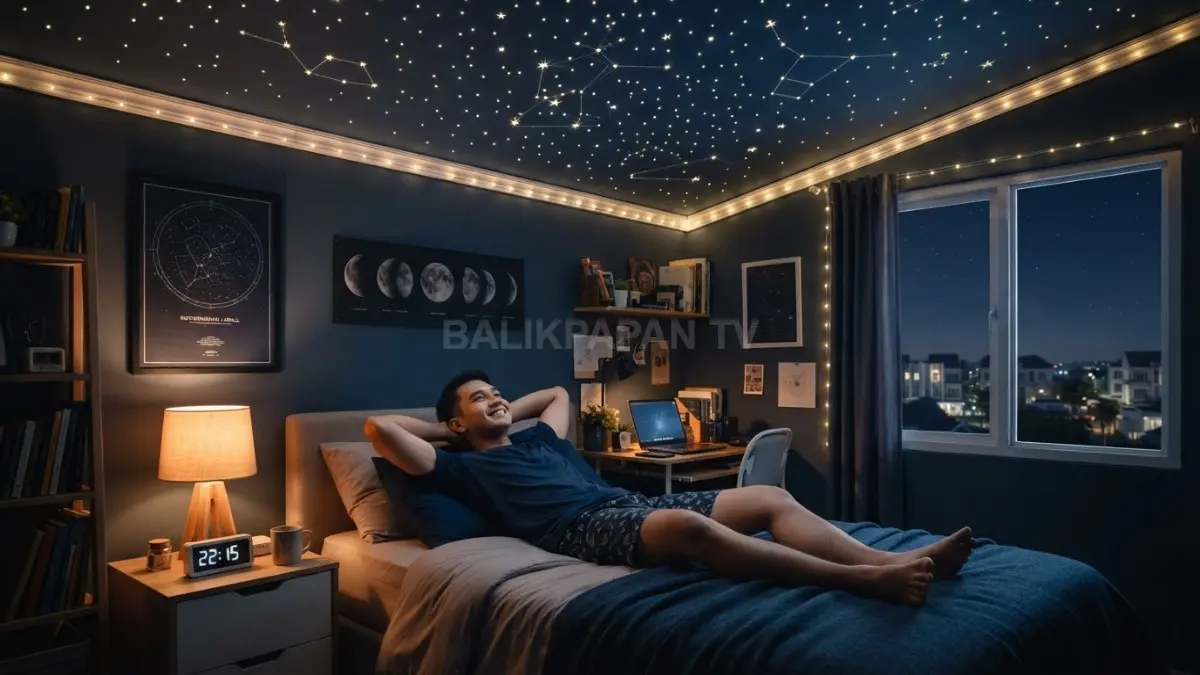 Kamar bertema astronomi dengan langit berbintang di atas tempat tidur menciptakan suasana malam yang menenangkan. (BTV/AI)