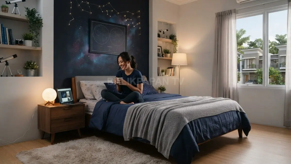 Kamar galaxy bernuansa biru gelap menghadirkan suasana langit malam melalui gradasi warna dan pencahayaan hangat (BTV/AI)