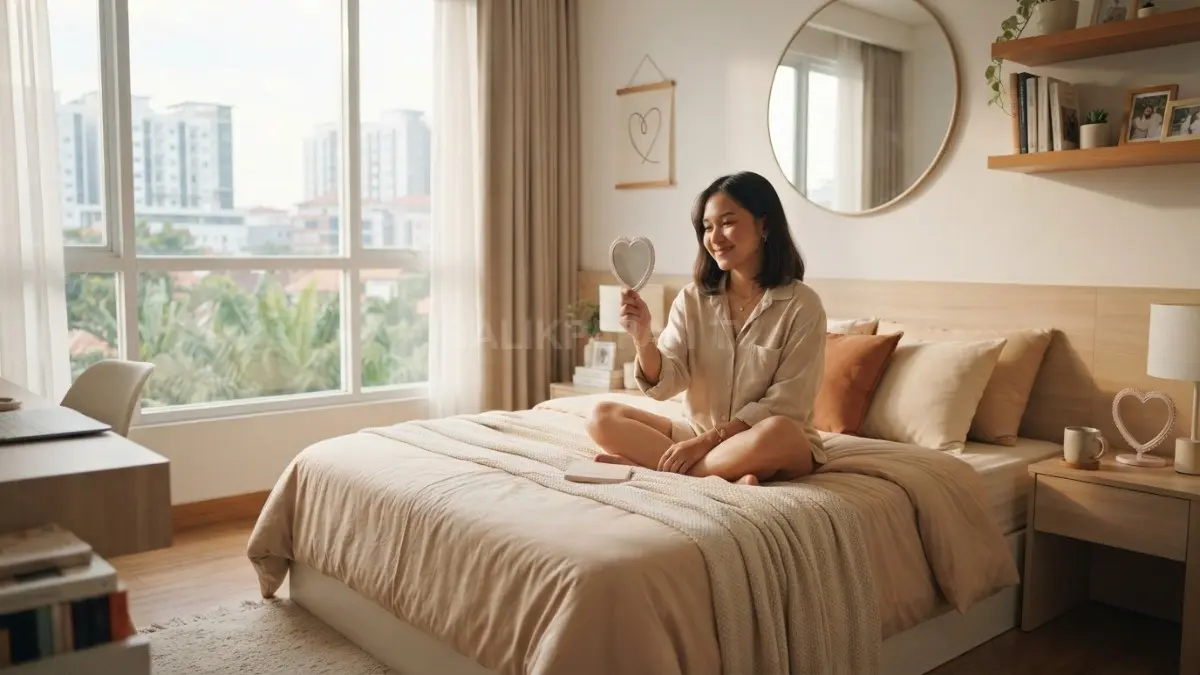 Kamar minimalis bertema love dengan simbol hati halus, warna netral, dan dekorasi sederhana yang elegan (BTV/AI)