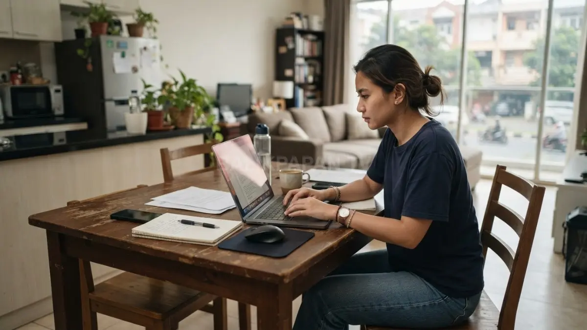 Laptop bekerja di meja makan memperlihatkan ruang sederhana yang berubah menjadi kantor dadakan sepanjang hari. (BTV/AI)