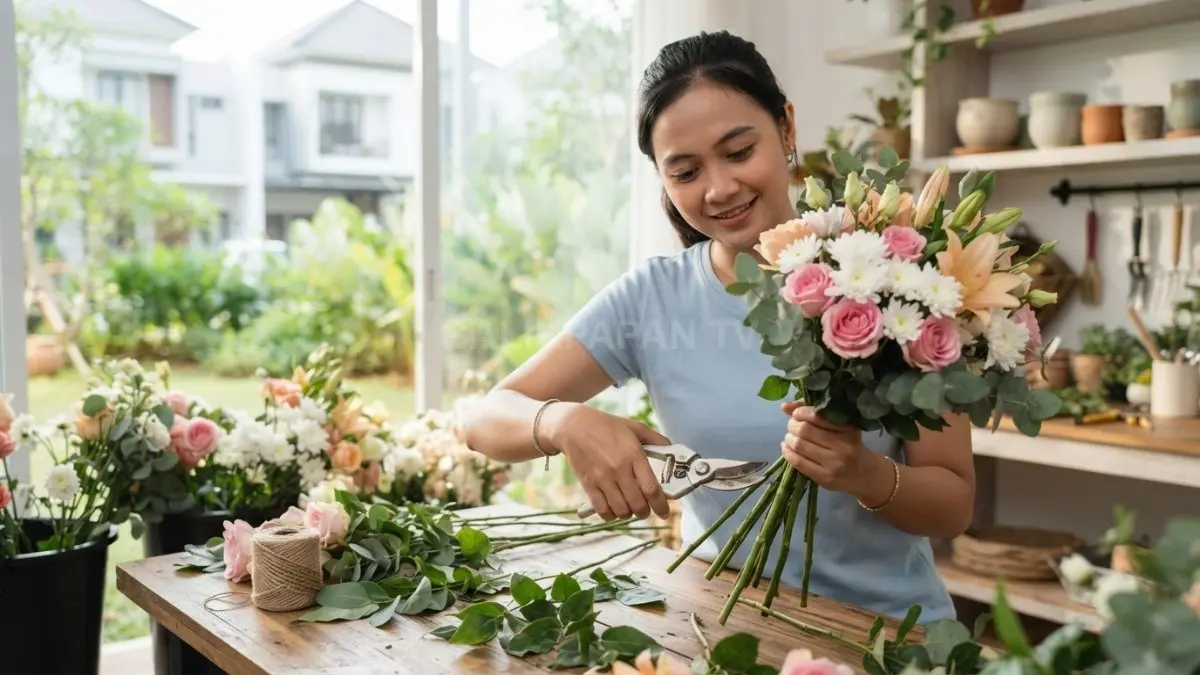 Membersihkan batang dan membuang daun bagian bawah membantu bunga menyerap air lebih optimal serta tetap segar (BTV/AI)
