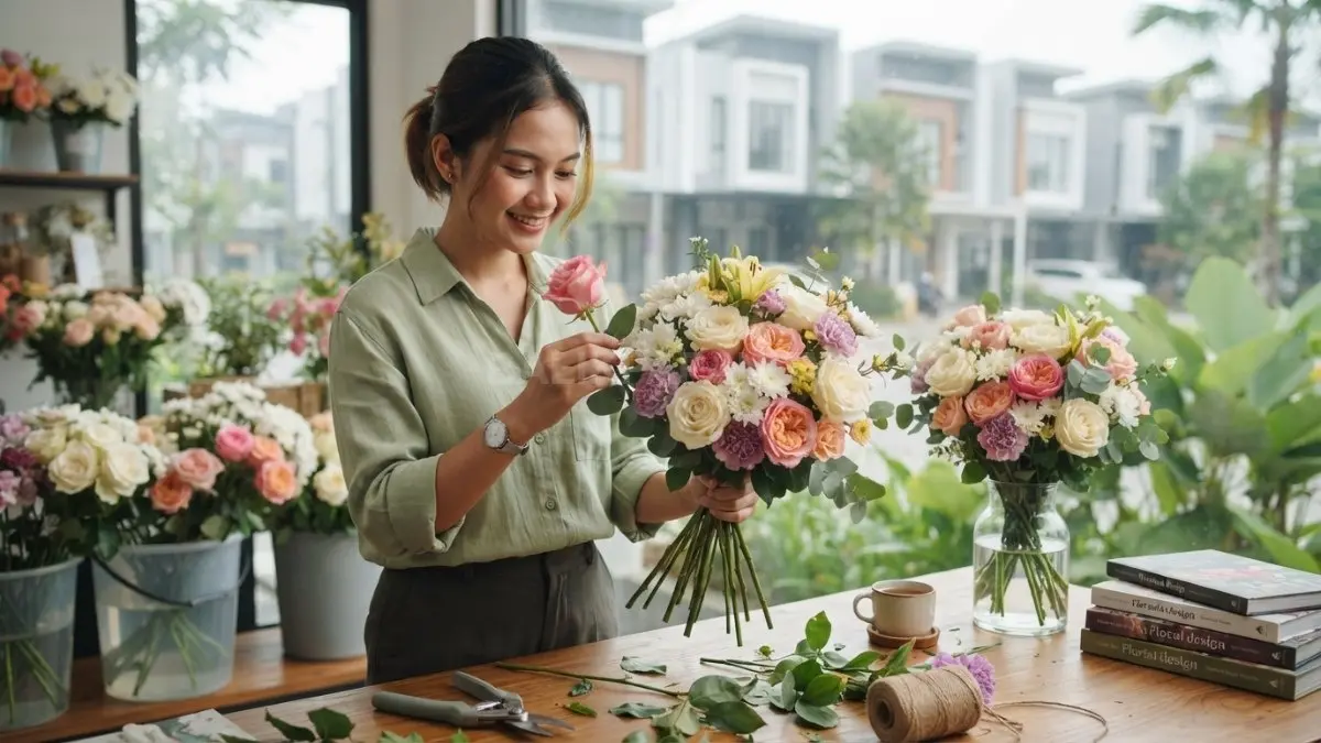 Merangkai bunga dengan batang seimbang dan warna serasi membuat buket tampak rapi, segar, serta menarik. (BTV/AI)