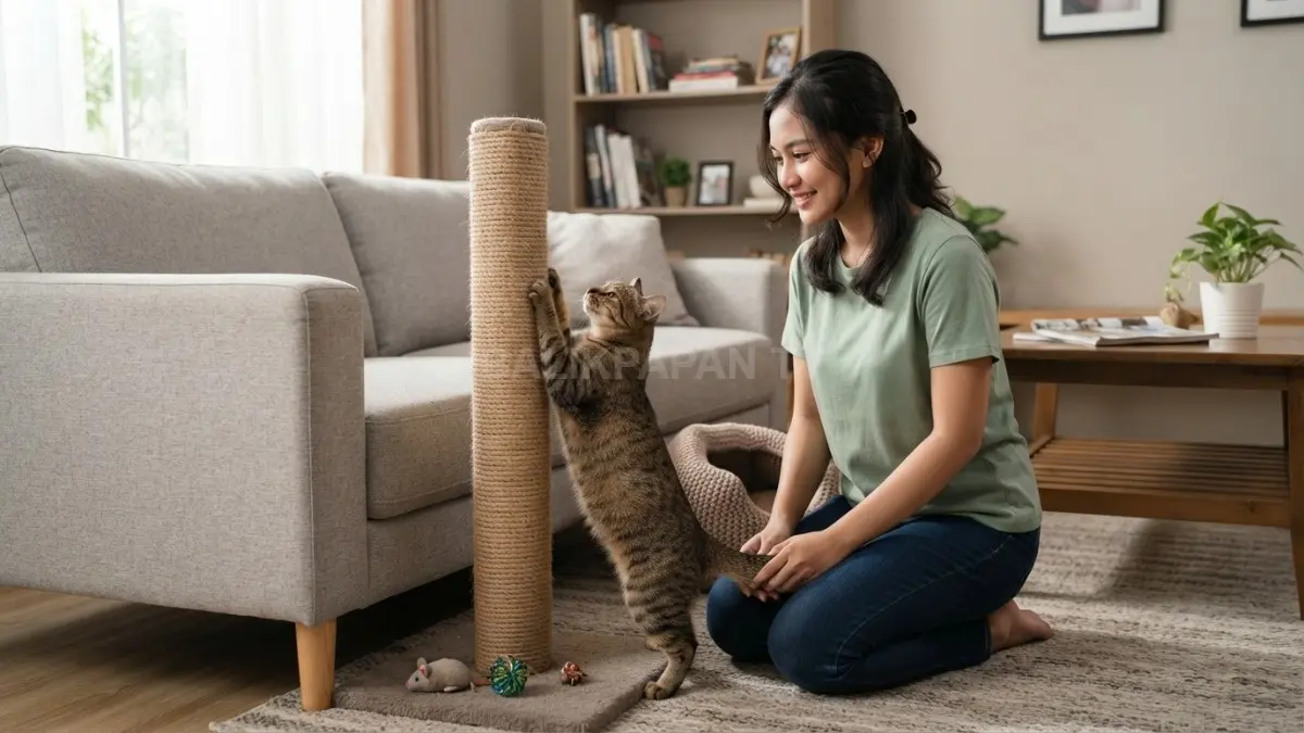 Penataan tiang garukan kucing yang ideal di dekat sofa untuk melatih kebiasaan peliharaan. (BTV/Ai)