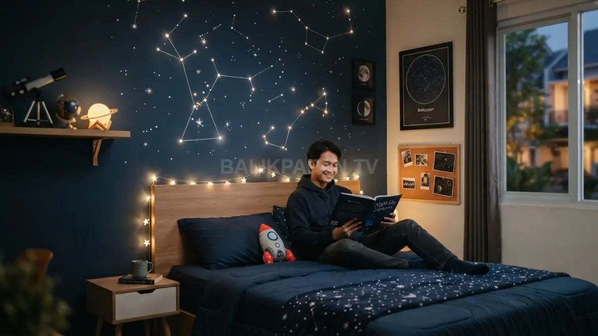 Peta rasi bintang menjadi fokus kamar dengan dinding gelap, titik cahaya, dan dekorasi astronomi sederhana. (BTV/AI)