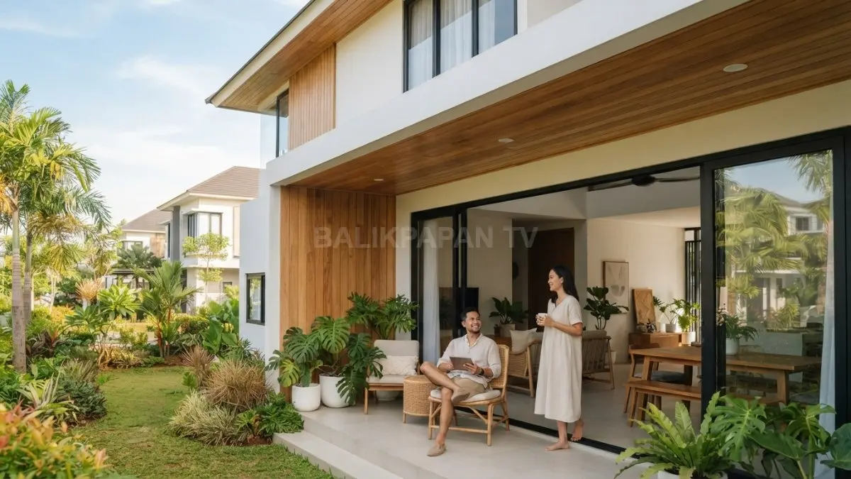 Rumah Australia modern dengan fasad putih, aksen kayu, kaca lebar, dan teras nyaman untuk hunian tropis. (BTV/AI)