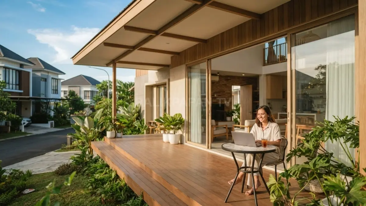 Rumah bergaya Australia dengan teras luas, bukaan lebar, material natural, dan desain adaptif iklim (BTV/AI)