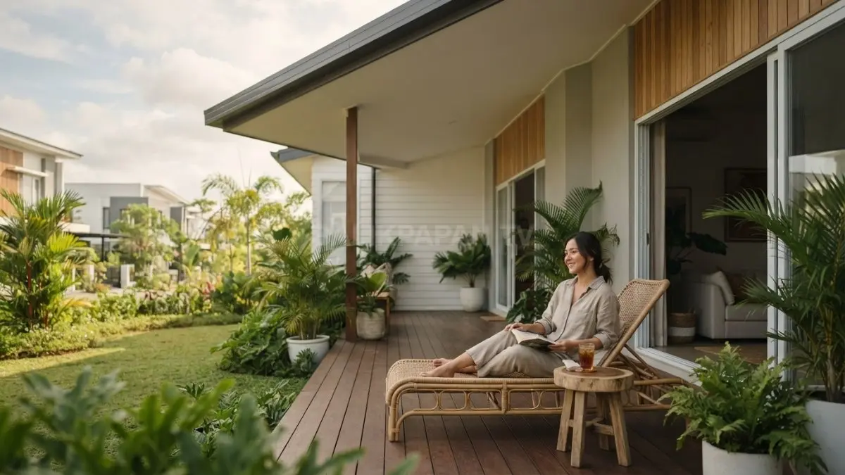 Rumah bergaya Australian coastal menghadirkan teras luas, warna lembut, kayu alami, dan taman hijau yang nyaman (BTV/AI)