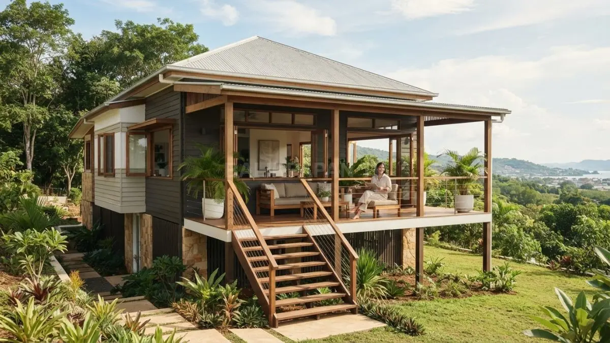 Rumah bergaya Queenslander dengan struktur panggung, veranda lebar, bukaan alami, dan material kayu menghadirkan hunian tropis nyaman. (BTV/AI)