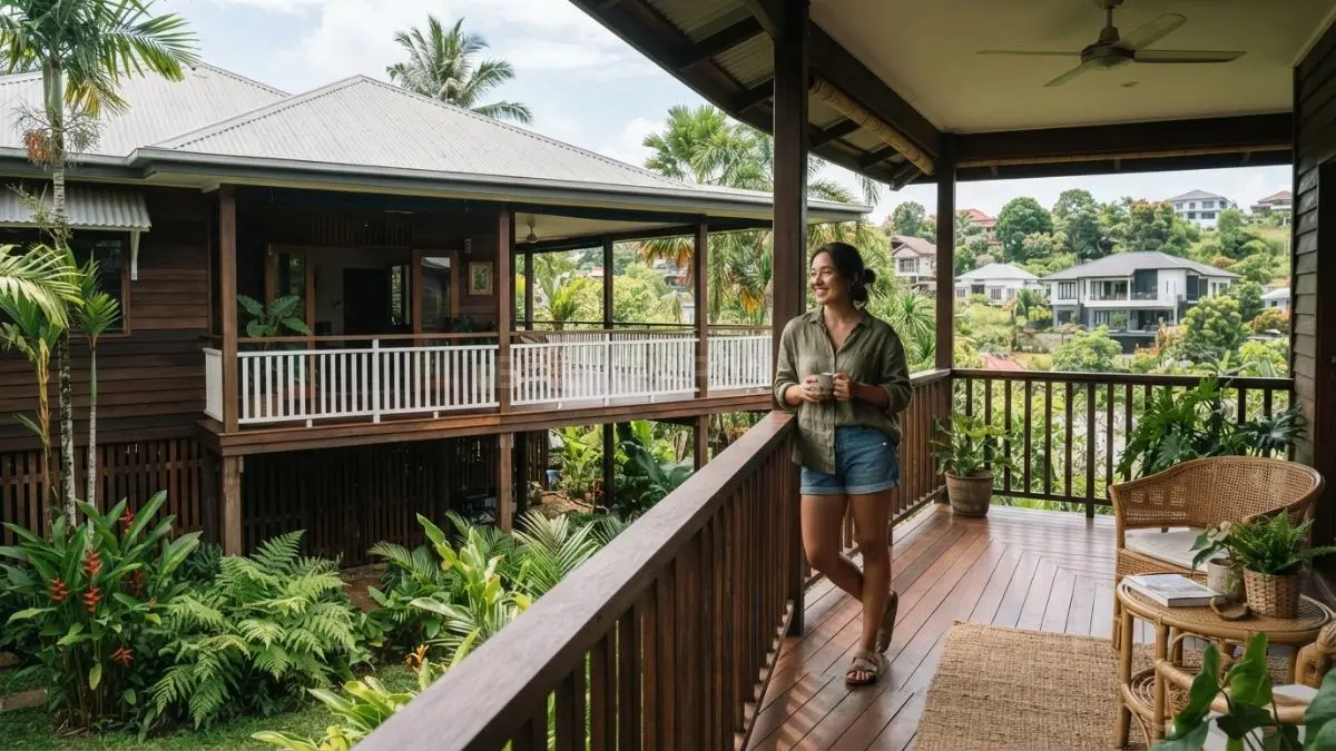 Rumah panggung bergaya Queenslander menghadirkan veranda lebar, ventilasi alami, dan material kayu untuk hunian tropis. (BTV/AI)