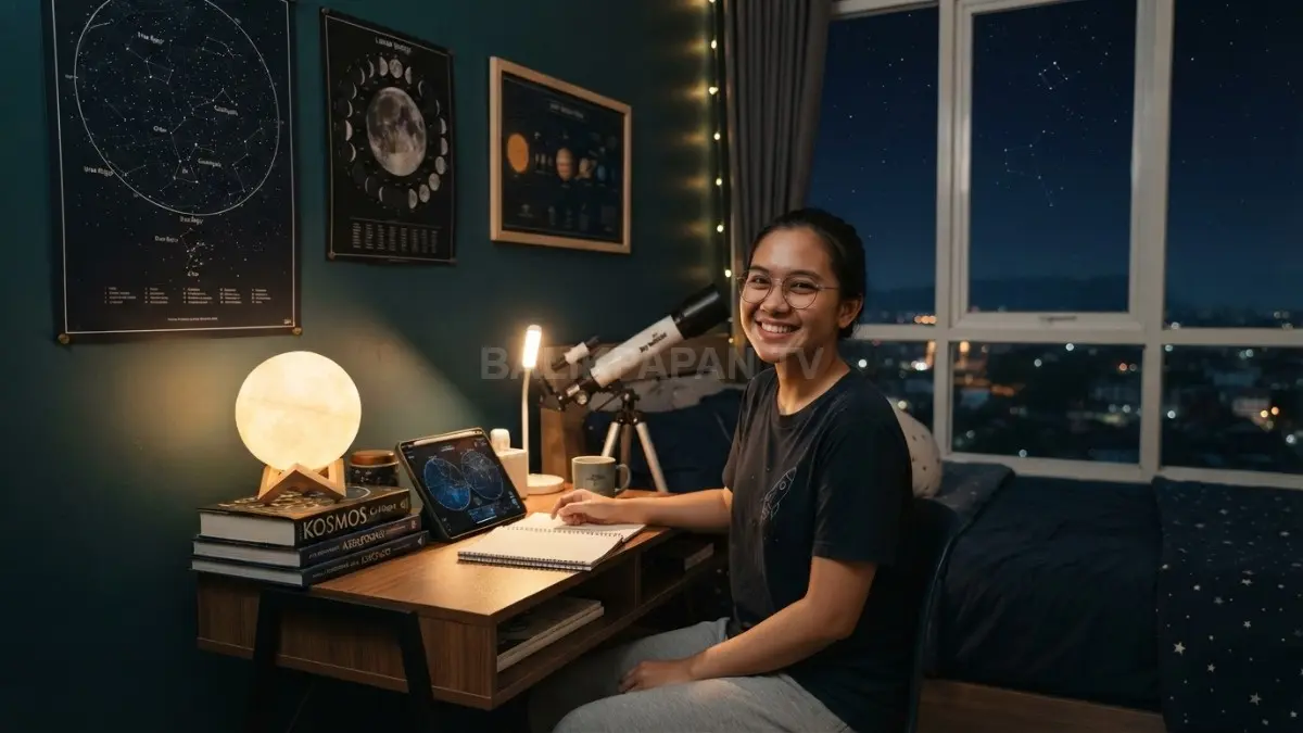 Sudut observatorium mini menghadirkan meja astronomi, poster konstelasi, buku, globe Bulan, dan dekorasi tata surya (BTV/AI)