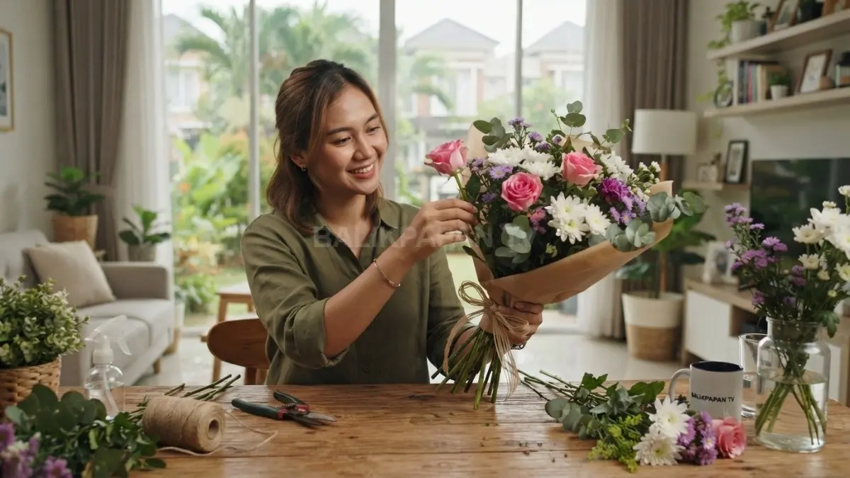 Susunan buket bunga dengan satu bunga utama sebagai fokus, dilengkapi bunga pendukung dan daun bertekstur (BTV/AI)