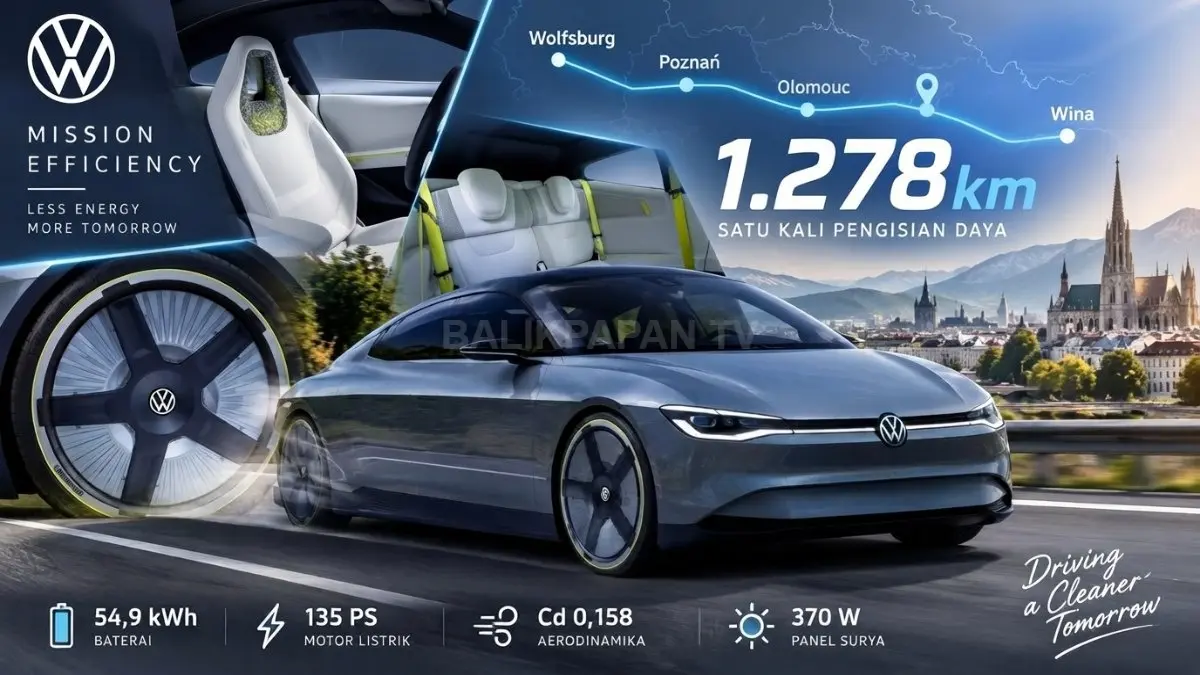 Volkswagen Mission Efficiency tampil dengan desain aerodinamis ekstrem untuk mengejar efisiensi energi kendaraan listrik. (BTV/AI)