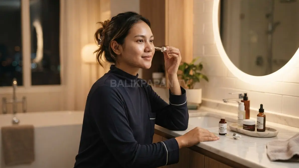 Wanita mengaplikasikan krim retinoid pada wajah saat perawatan kulit malam dengan tampilan alami. (BTV/Ai)
