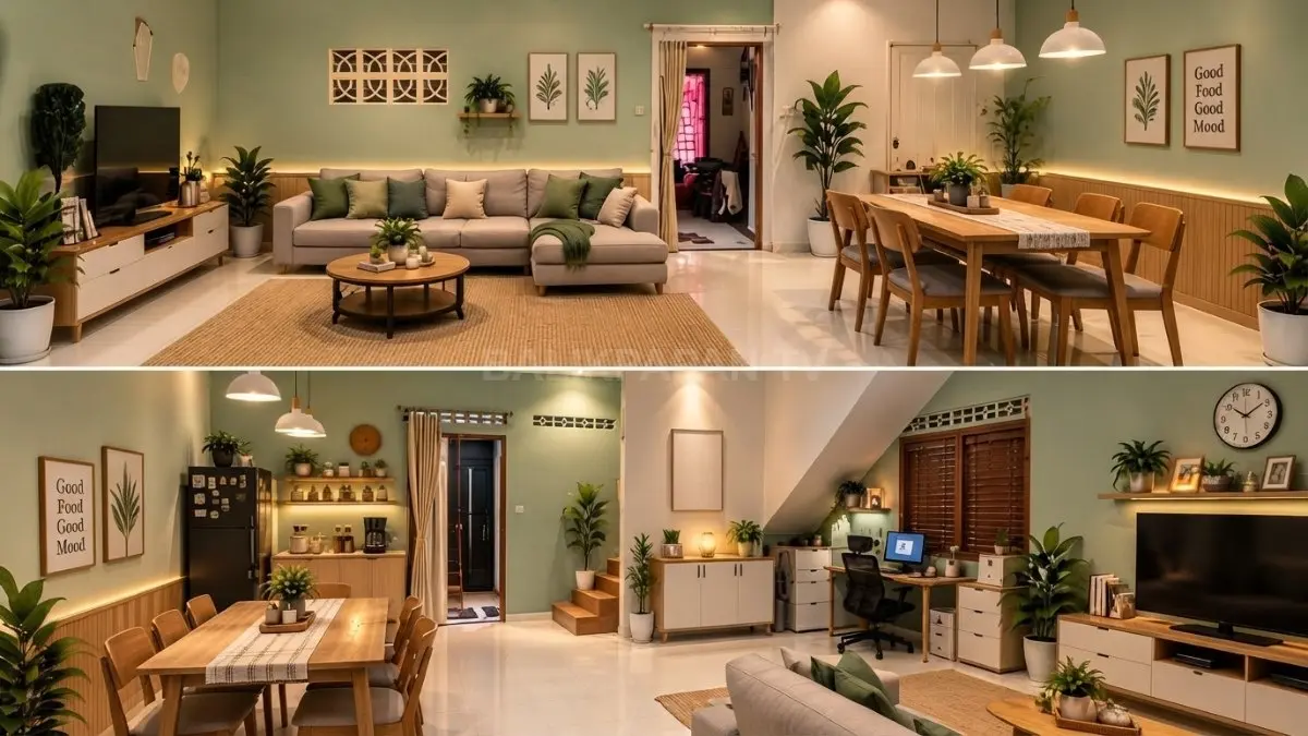 Ruang keluarga bertransformasi dari area serbaguna menjadi ruang santai dengan sofa netral, kayu natural, tanaman, dan warna sage.