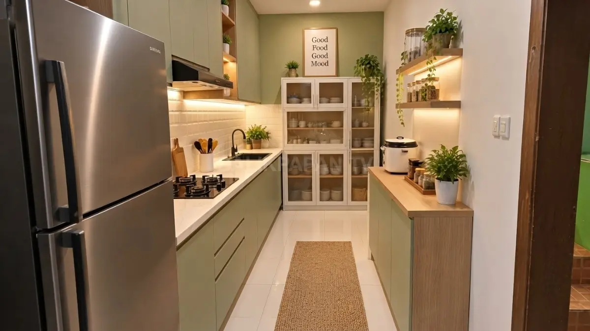 Ruang makan terhubung dengan dapur mini, menghadirkan fungsi keluarga melalui meja kayu dan pencahayaan pendant.